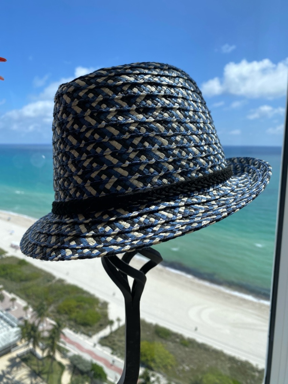 BCBG Woven Blue and Natural Straw Fedora